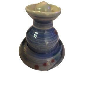 Glazed pottery oil lamp jar handmade stamped 5" tall painted Re/O wick stopper